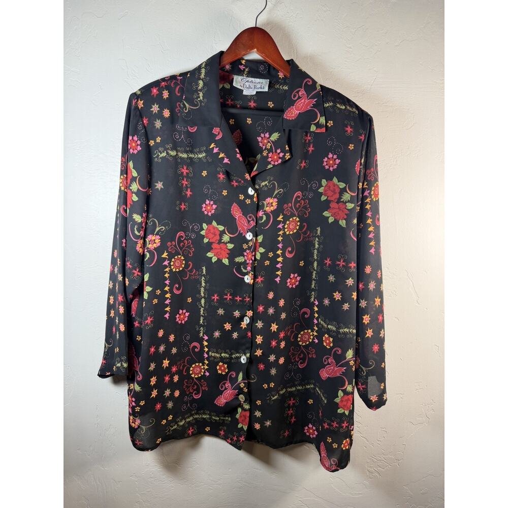 Women’s Vintage 80s / 90s Options By Delta Burke Black Floral Size 1X Shirt